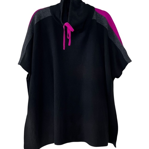 Tahari Wool and Cashmere Blend Varsity Stripe Poncho in Black Gray Pink One Size - Picture 3 of 11
